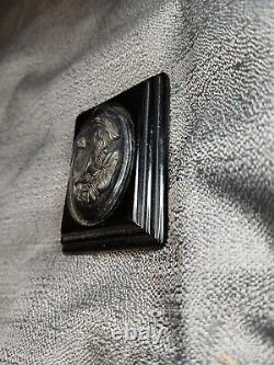 ART DECO BLACK MOURNING CAMEO Bakelite & Celluloid Brooch Pin Vintage Goth RARE