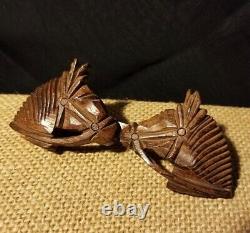 ART DECO KISSING HORSES Carved Wood Bakelite Era Spring Back Clip Brooch Pin VTG