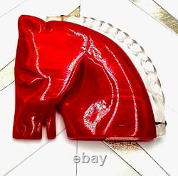 Amazing RARE Vintage Carved Bakelite Red Clear Horse Brooch Pin