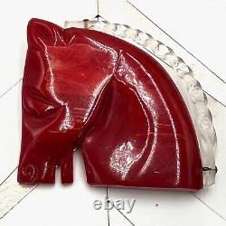 Amazing RARE Vintage Carved Bakelite Red Clear Horse Brooch Pin