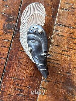 Amazing Unique Vintage Wood Bakelite Sterling Pin Brooch Face Art
