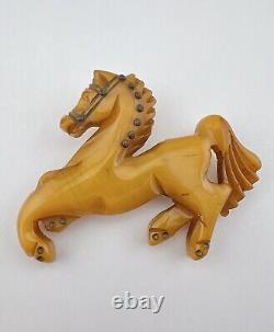 Antique 1930s Carved Butterscotch Bakelite Equestrian Horse Brooch Pin 3