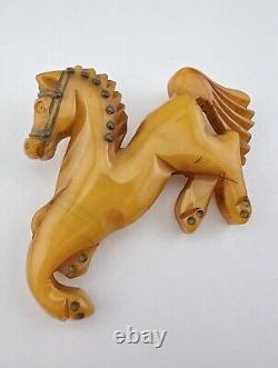 Antique 1930s Carved Butterscotch Bakelite Equestrian Horse Brooch Pin 3