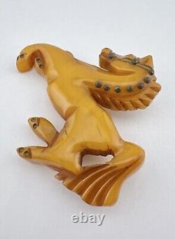 Antique 1930s Carved Butterscotch Bakelite Equestrian Horse Brooch Pin 3