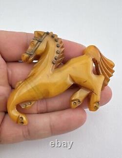 Antique 1930s Carved Butterscotch Bakelite Equestrian Horse Brooch Pin 3