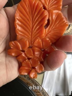 Antique Art Deco Hawaiian Plumeria Orange Butterscotch Bakelite Pin Brooch 3.75