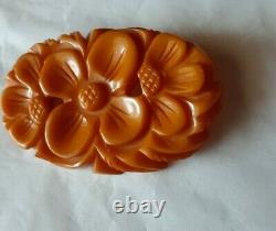 Antique Butterscotch Bakelite Carved Large Floral Brooch Pin