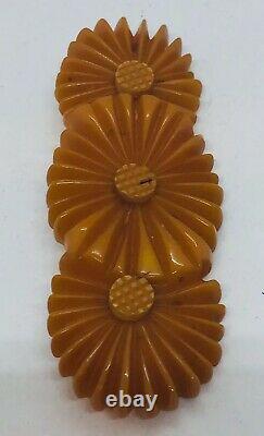 Antique Butterscotch Orange Deep Carved Bakelite Flower Pin