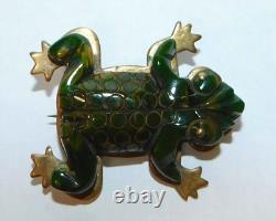 Antique Carved Green Marbled Bakelite Frog Brooch Art Deco