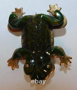 Antique Carved Green Marbled Bakelite Frog Brooch Art Deco