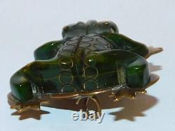 Antique Carved Green Marbled Bakelite Frog Brooch Art Deco