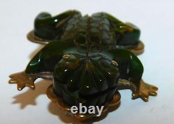 Antique Carved Green Marbled Bakelite Frog Brooch Art Deco