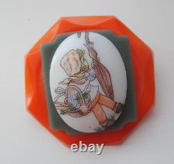 Antique Celluloid Bakelite Plastic Porcelain Girl Basket Umbrella Pin Brooch