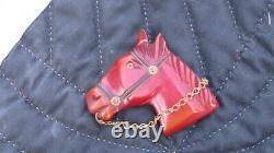 Antique Equestrian Red Bakelite Horse Head Pin Original Chain Reins Brooch