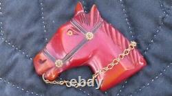 Antique Equestrian Red Bakelite Horse Head Pin Original Chain Reins Brooch