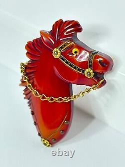 Antique Red Bakelite Horse Equestrian Pin, Brooch, Award, Carved, Jewelry