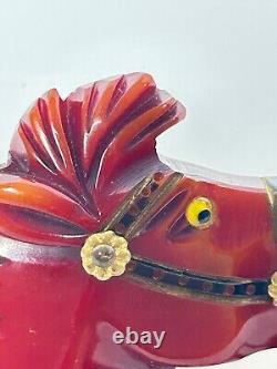 Antique Red Bakelite Horse Equestrian Pin, Brooch, Award, Carved, Jewelry