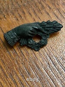 Antique Victorian Vulcanite Ladies Hand Flower Mourning Brooch Pin