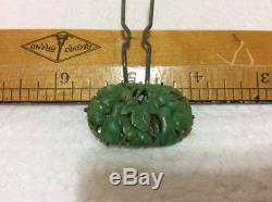 Antique Vintage Hair Pin Bakelite Celluloid Jade Green Rose Chinese Chinoserie