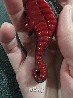 Antique Vintage Red Brown Bakelite Seahorse Pin With Glass Eyes Wood Rare