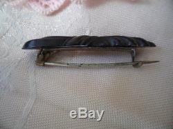 Antique vintage old jet black carved Bakelite bar brooch pin