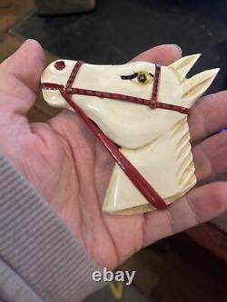 Antique vintage white bakelite carved horse head pin estate Find Equestrian Rare