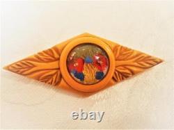 Art Deco Carved Butterscotch Bakelite Glass Pin Brooch Reverse Painted Flowers
