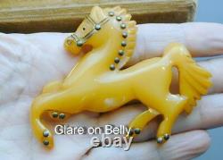 Art Deco Deep Carved Bakelite Horse Pin Glass Eye Metal Studs