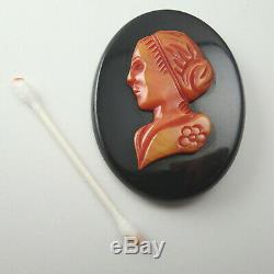 Art Deco Vintage 3 1/8 Black Red Bakelite Cameo Figural Oval C Clamp Pin Brooch