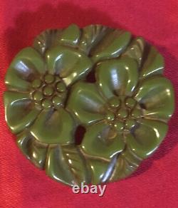 Art Deco Vintage Deeply Carved Bakelite Brooch Flower Green Pin Large