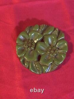 Art Deco Vintage Deeply Carved Bakelite Brooch Flower Green Pin Large
