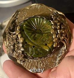 Art Nouveau Floral Bronze Brooch Pin Carved Marbled Green Bakelite Vtg