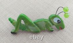 Artisan Bakelite Grasshopper Insect Brooch & Pin Marbled Green Yellow Antenna