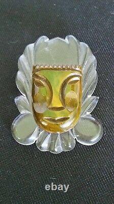 Aztec FACE Carved GREEN Brown BAKELITE & Lucite VINTAGE 40's TESTED! Brooch PIN
