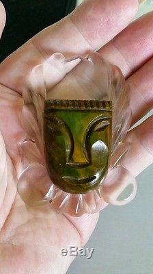 Aztec FACE Carved GREEN Brown BAKELITE & Lucite VINTAGE 40's TESTED! Brooch PIN