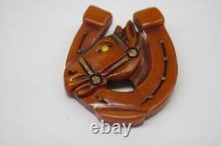 BAKELITE 1930s HORSE Head Pin Glass Eye BOOK PIECE Deeply Carved BEAUTIFUL L1