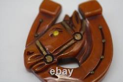 BAKELITE 1930s HORSE Head Pin Glass Eye BOOK PIECE Deeply Carved BEAUTIFUL L1