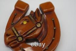 BAKELITE 1930s HORSE Head Pin Glass Eye BOOK PIECE Deeply Carved BEAUTIFUL L1