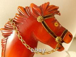 BAKELITE Carved HORSE PIN Vintage BROOCH Metal BRIDLE ROSETTE Ornate CHUNKY