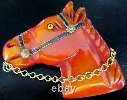 BAKELITE Horse Head Wearing Bridle With Glass Eye Vintage Pin Brooch