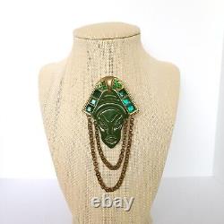 BAKELITE RHINESTONE LADY PIN Green Gold ASIAN FACE BROOCH Chain Glass 1940s