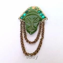 BAKELITE RHINESTONE LADY PIN Green Gold ASIAN FACE BROOCH Chain Glass 1940s
