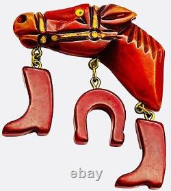 BAKELITE Red Carved Horse Head Vintage Charm Brooch Pin With Glass Eye
