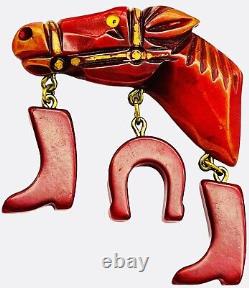 BAKELITE Red Carved Horse Head Vintage Charm Brooch Pin With Glass Eye