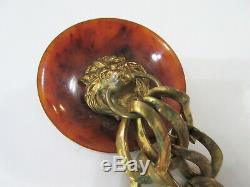 BAKELITE Tested Vintage 3.5 Inch Lion Head Golden Tassel Chain Pin Brooch