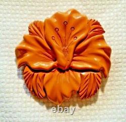 BAKELITE Tested Vintage Large Round Carved Flower Brooch/Pin Butterscotch Yellow