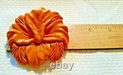 BAKELITE Tested Vintage Large Round Carved Flower Brooch/Pin Butterscotch Yellow