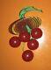 BAKELITE Vintage 1930'S Dangling Cherries on Carved Wood Brooch metal latch pin