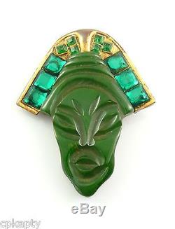 BIG Vintage 1930s 40s Carved Green BAKELITE & Rhinestones ASIAN WOMAN Brooch PIN