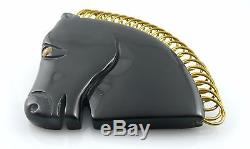 BIG Vintage 1930s ART DECO Black Bakelite & Brass HORSE HEAD Design Brooch PIN